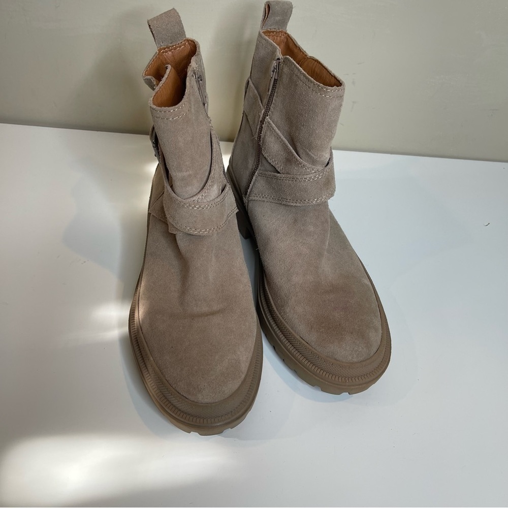 Lucky Brand Elyton Suede Lug Sole Booties in Tan Color